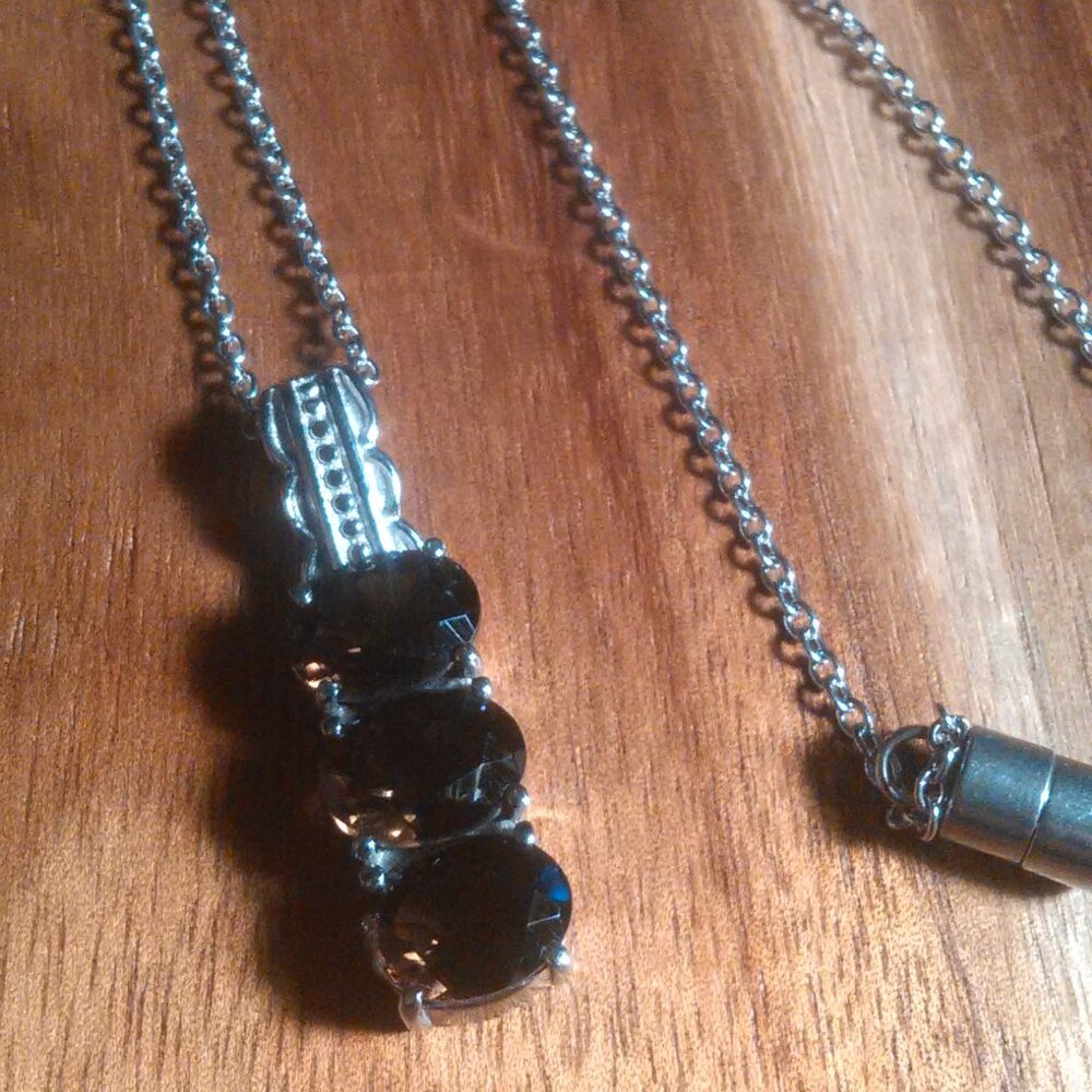 Brazilian Smokey Quartz Three Stone Stainless Steel Pendant Necklace - Picture 2 of 14